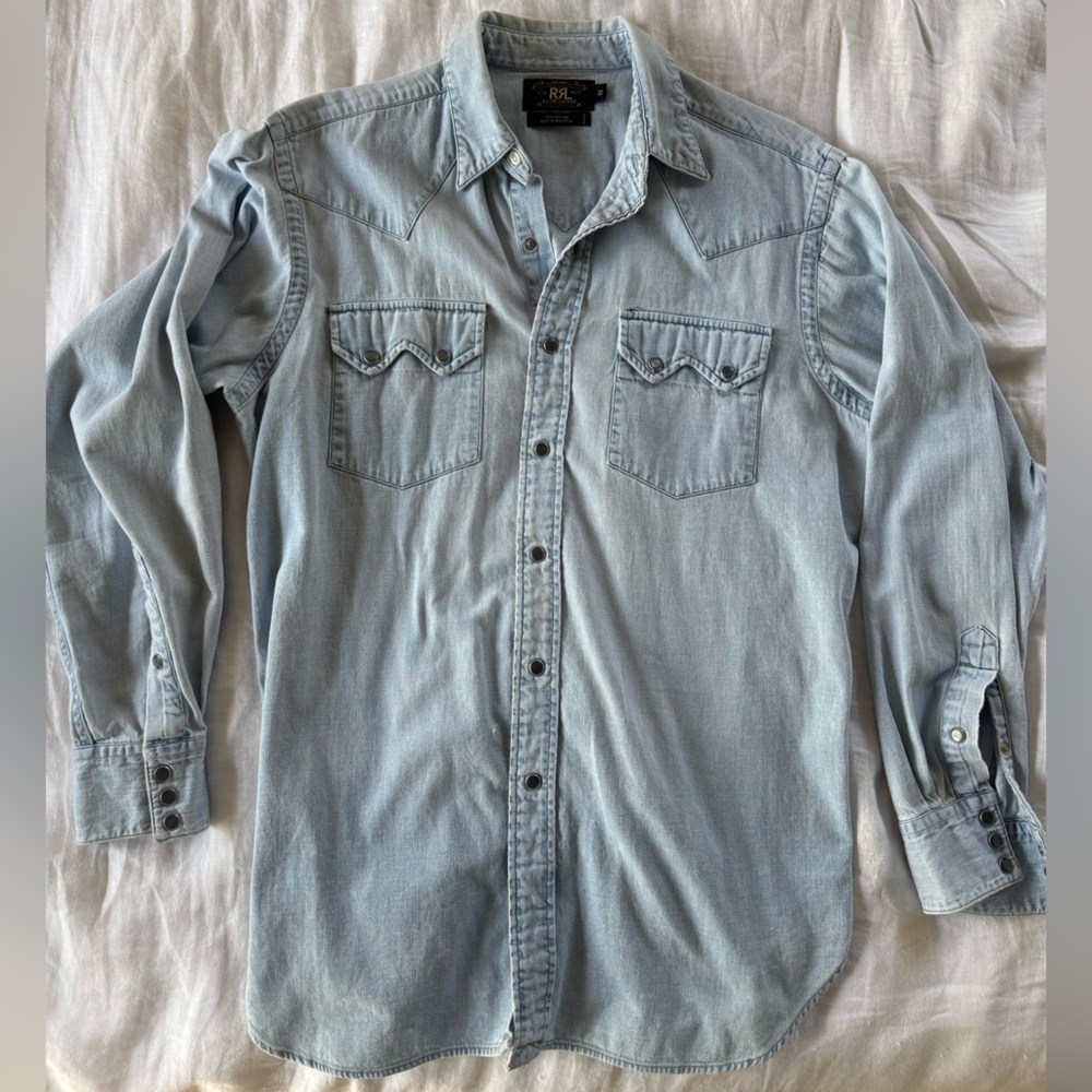 RRL Double RL Ralph Lauren Western Light Faded Blue Pearl Sawtooth Denim Shirt